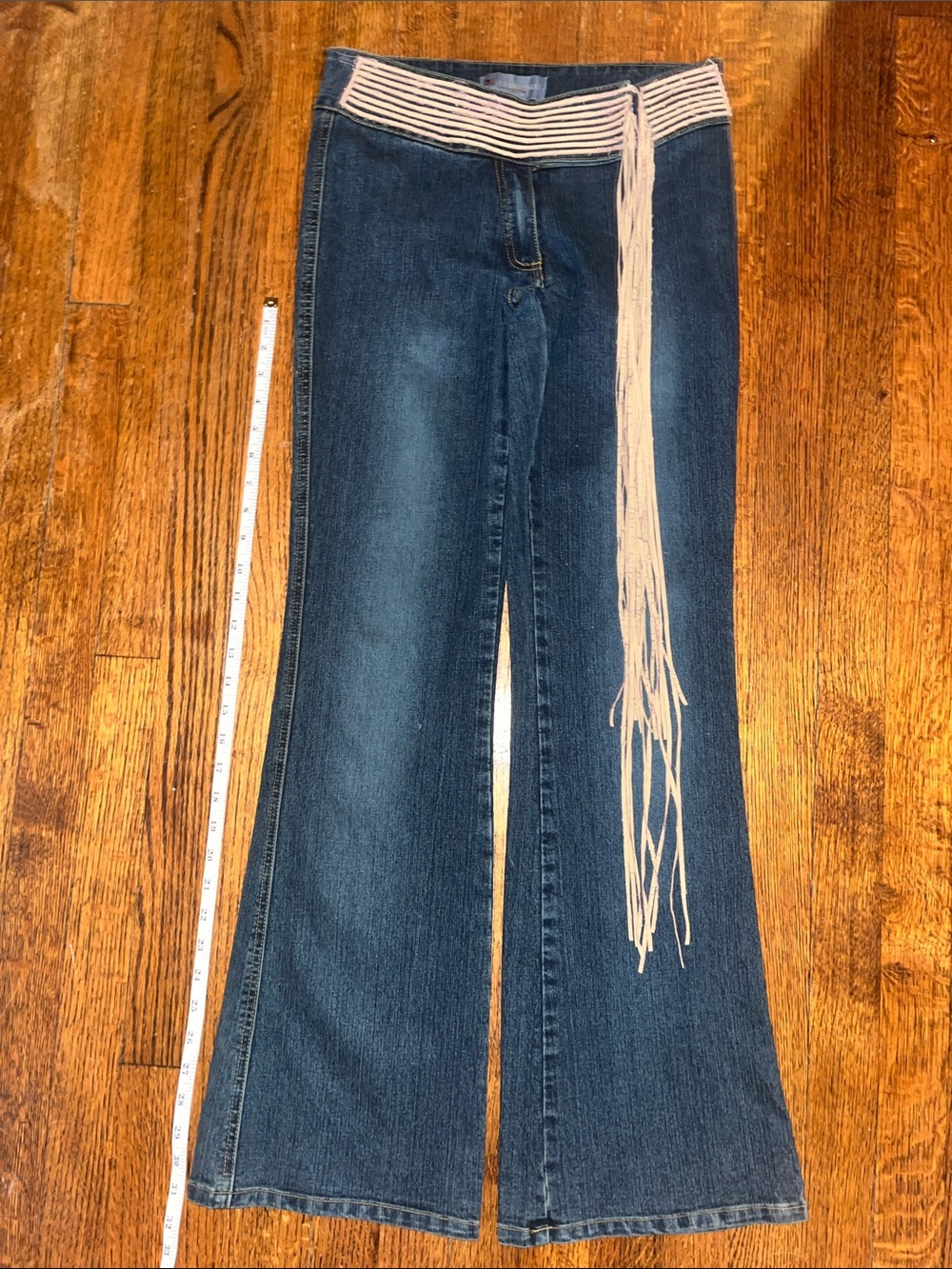 To the Max | Dark Blue Flare Jeans with Cream Striped Waist Tie
